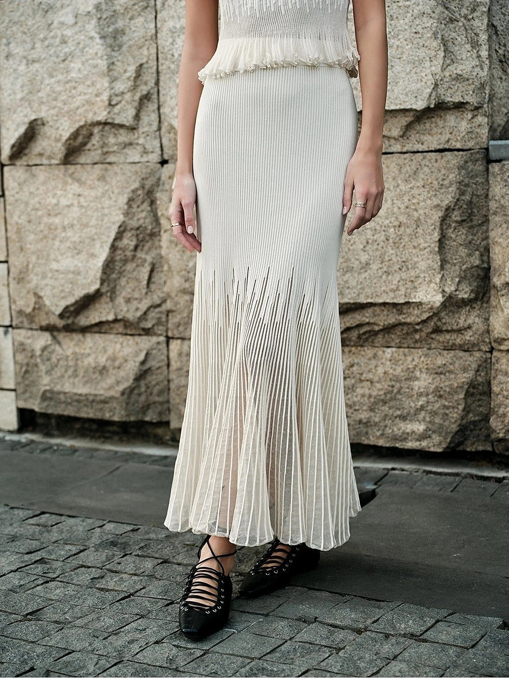 COMMENSE Mesh Panel Pleated Skirt